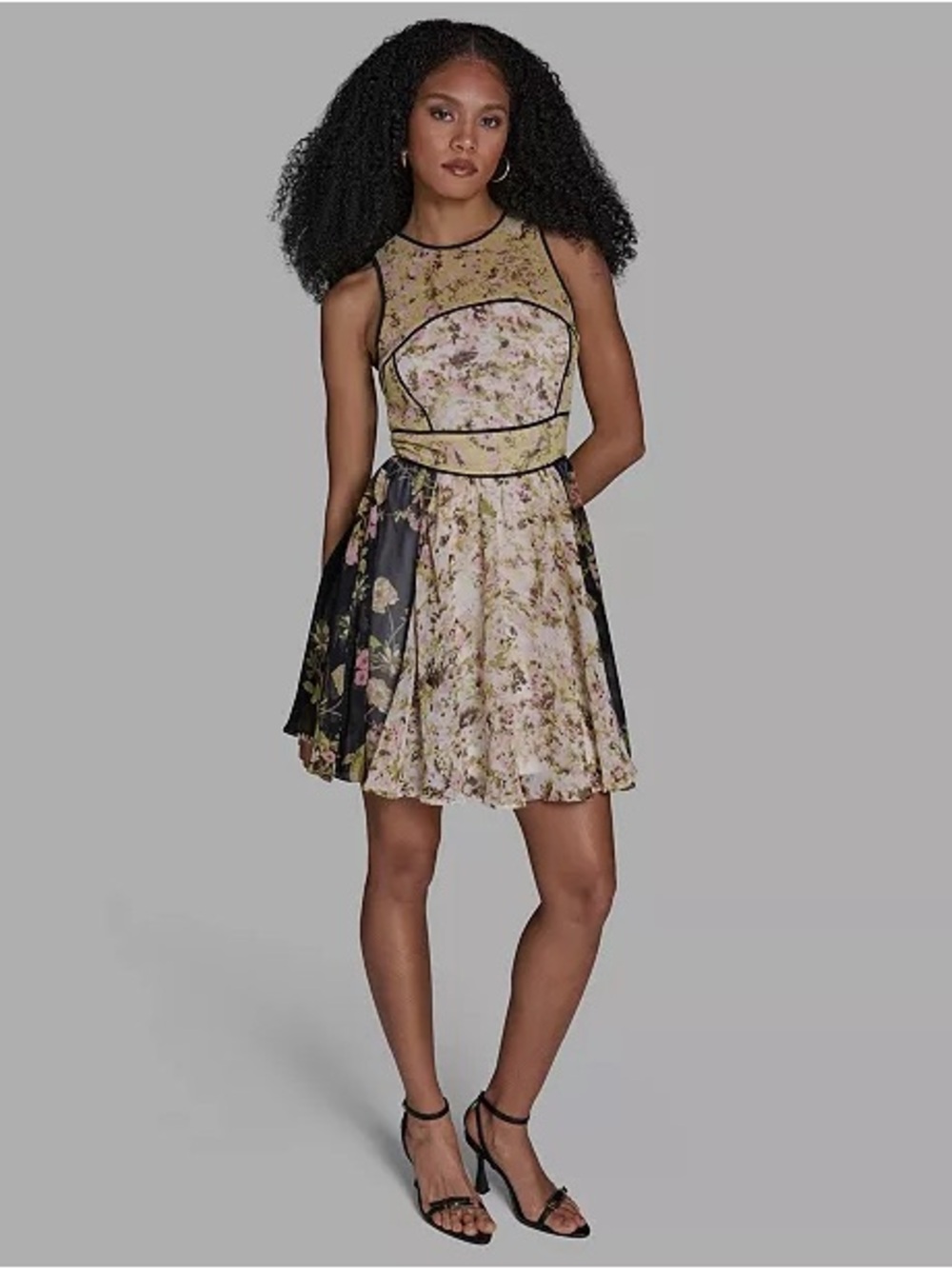 Bcbg Floral Mesh Fit-and-Flare Dress in Yellow and Black XL